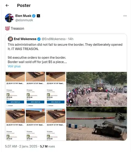 Musk accuse Biden de haute trahison pour avoir saboté la construction de mur à la frontière avec le Mexique.