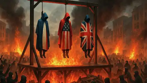 Allégorie de la guerre : drapeaux français, américain et britannique pendus au-dessus d'une ville en flammes