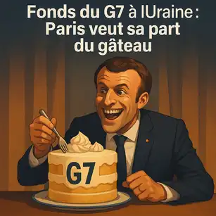 Illustration humoristique montrant un gâteau G7 convoité par des personnages symbolisant Paris et les autres pays