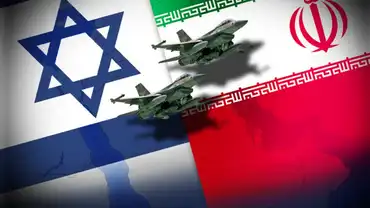 Montages des drapeaux israélien et iranien avec des avions militaires