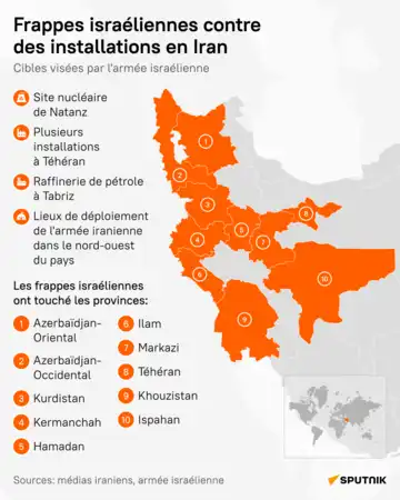 Cette infographie de Sputnik montre quelles cibles ont été visées par l'armée israélienne et quelles provinces iraniennes ont été touchées.