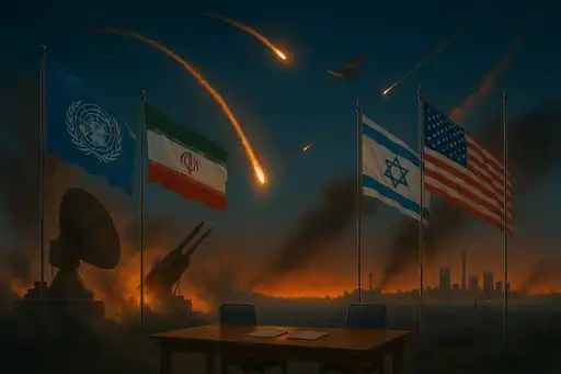 Illustration de frappes aériennes avec drapeaux de l’Iran, Israël, États-Unis et ONU