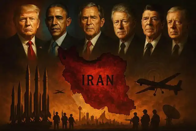 Portraits de présidents américains et carte de l’Iran avec des symboles militaires