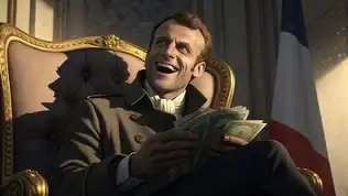 Illustration caricaturale de Macron tenant des liasses de billets, drapeau français en arrière-plan