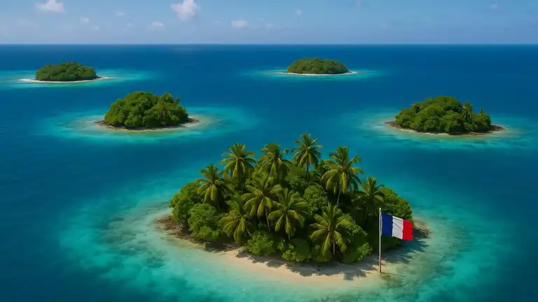 Archipel tropical des Îles Éparses avec un drapeau français planté sur un îlot isolé