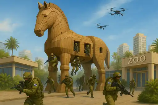 Soldats israéliens sortant d’un cheval de Troie géant dans une ville du Moyen-Orient