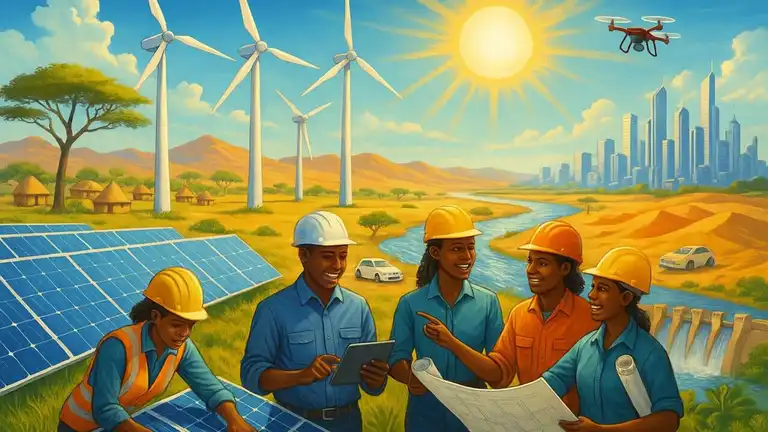 Illustration de travailleurs africains dans un projet de transition énergétique avec panneaux solaires et éoliennes