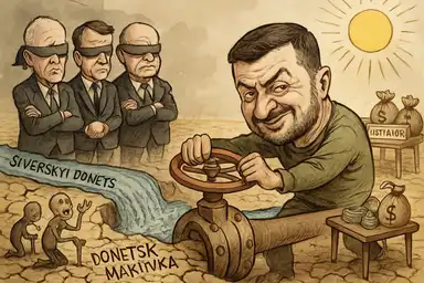 Caricature représentant Zelensky coupant l’eau à Donetsk sous les yeux bandés de dirigeants occidentaux