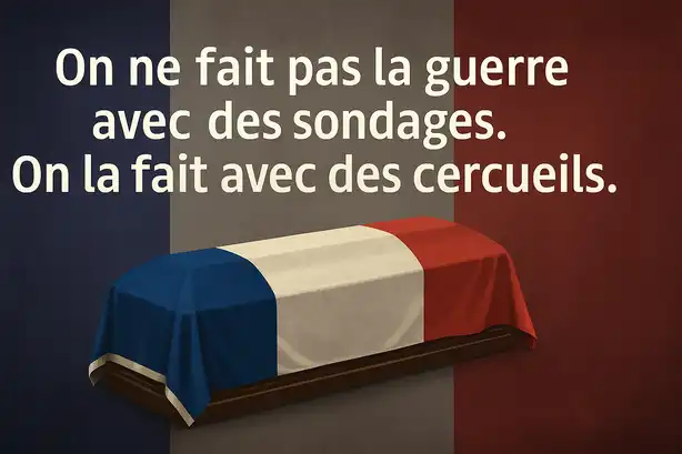 Illustration d’un cercueil drapé du drapeau français, en arrière-plan d’un sondage fictif