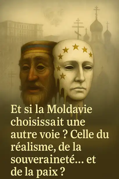 Deux visages symbolisant la dualité de la Moldavie entre héritage slave et pression occidentale, sur fond d’icônes orthodoxes et de symboles européens.