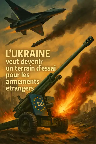 Illustration représentant un canon européen bombardé sur fond de guerre en Ukraine, avec un avion russe en action.