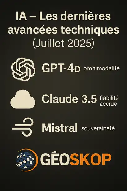 Infographie sur les avancées de l’intelligence artificielle – Juillet 2025 (GPT-4o, Claude 3.5, Mistral)
