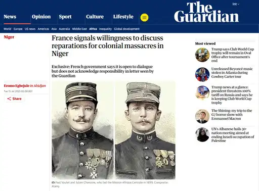 Capture d'écran d’un article du Guardian sur la position française concernant les réparations des crimes coloniaux au Niger