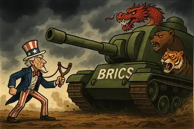 L’Oncle Sam face à un tank BRICS composé d’un dragon, d’un ours et d’un tigre — symbole du rapport de force mondial