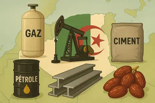 Illustration des principales exportations algériennes : gaz, pétrole, ciment, acier et dattes sur fond de carte