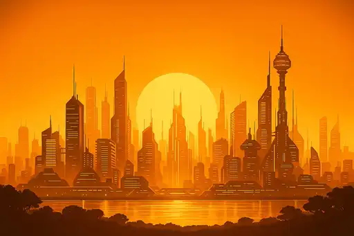 Illustration futuriste d’une ville africaine au coucher du soleil, symbolisant le développement économique du continent