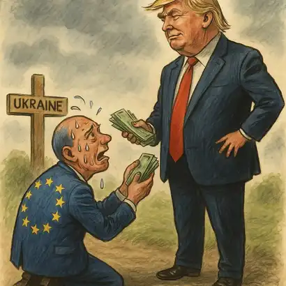 Dessin satirique représentant l’Europe à genoux devant Donald Trump avec des billets, sur fond de guerre en Ukraine.