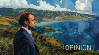 Illustration du président Macron sur fond de paysages tropicaux, symbolisant les territoires d’outre-mer