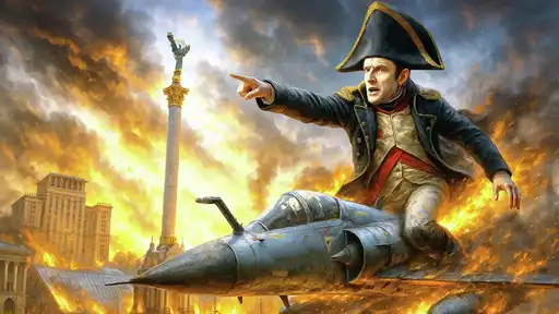 Emmanuel Macron en habit napoléonien sur un Mirage 2000 dans un Kiev en feu