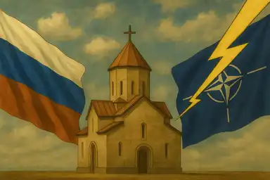 Illustration symbolique d’une église entre le drapeau russe et celui de l’OTAN avec un éclair, représentant le choc des valeurs