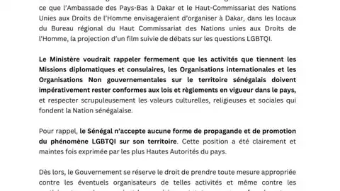 Communiqué officiel du ministère sénégalais des Affaires étrangères interdisant une réunion LGBTQI sur son sol