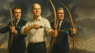 Illustration satirique de dirigeants européens brandissant des arcs à flèches ventouses dans un décor de guerre