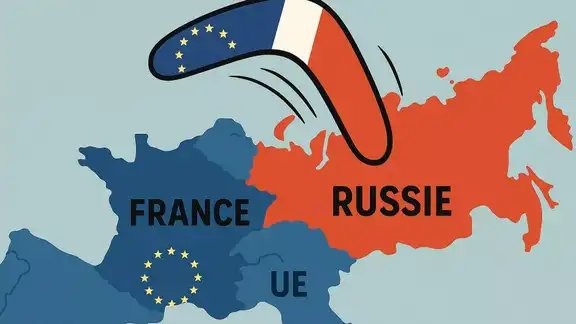 Carte illustrée montrant un boomerang symbolique représentant les sanctions européennes revenant frapper la France après avoir visé la Russie