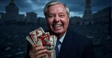 Lindsey Graham souriant, tenant des billets de banque devant un paysage en ruine