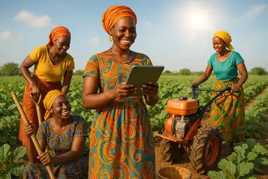Femmes africaines souriantes travaillant dans un champ avec des outils agricoles modernes