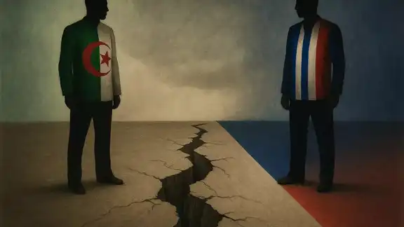 Illustration symbolique de la fracture entre la France et l’Algérie, deux figures se faisant face de part et d'autre d'une faille