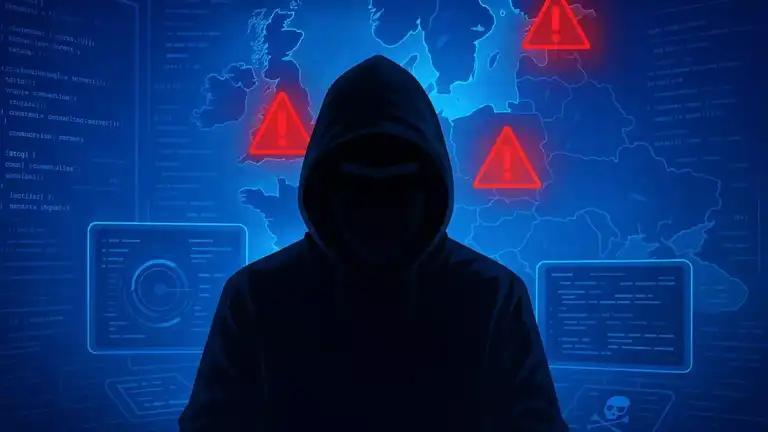 Silhouette d’un hacker sur fond de carte de l’Europe avec symboles d’alerte rouge