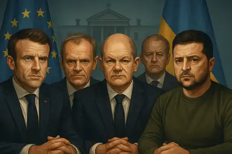 Illustration des visages de Macron, Scholz, Tusk et Zelensky sur fond diplomatique