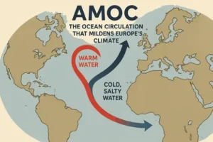 Schéma simplifié de la circulation atlantique (AMOC) entre tropiques et Atlantique Nord