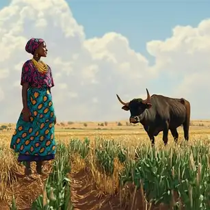 Femme tchadienne dans un champ cultivé avec un bœuf, symbole de l’autosuffisance alimentaire