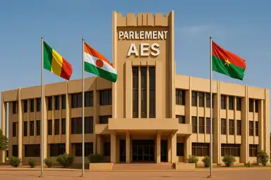 Façade du Parlement confédéral de l’AES avec les drapeaux du Mali, du Burkina Faso et du Niger