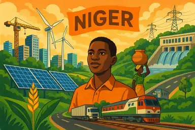 Illustration représentant le développement durable au Niger : énergie solaire, agriculture, transports et infrastructures.