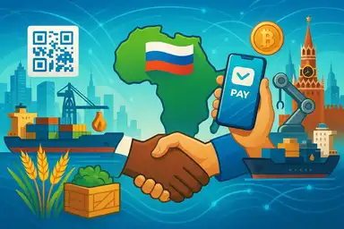 Illustration d’un partenariat économique entre la Russie et l’Afrique, avec poignée de main et symboles de commerce et paiement numérique.