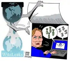 Caricature de WikiLeaks dévoilant les mails de Clinton liés à l’affaire Russiagate