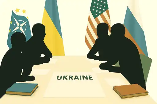Illustration d’un sommet diplomatique avec les drapeaux de l’Ukraine, des États-Unis, de la Russie et de l’OTAN autour d’une table marquée « Ukraine »
