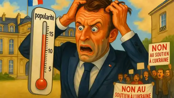 Caricature d’Emmanuel Macron affolé par sa chute de popularité