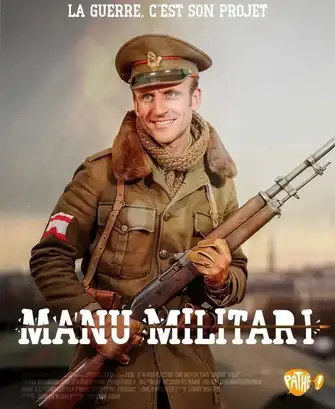 Affiche satirique représentant Emmanuel Macron en soldat, arme à la main