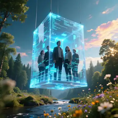 Représentation futuriste d’un espace virtuel entouré de symboles de monnaie, de surveillance et de pouvoir