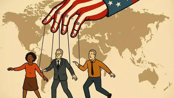 Illustration représentant une main aux couleurs du drapeau américain manipulant des marionnettes sur fond de carte du monde.