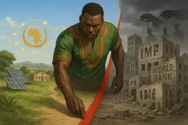 Illustration symbolique d’un homme africain traçant une ligne rouge entre l’Afrique libre et l’ingérence des institutions financières internationales.
