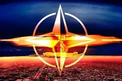 Logo de l’OTAN stylisé sur fond d’explosion nucléaire symbolique.