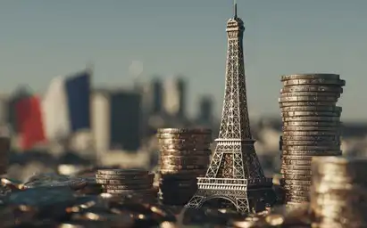 Miniature de la tour Eiffel entourée de piles de pièces de monnaie symbolisant la hausse des impôts en France.