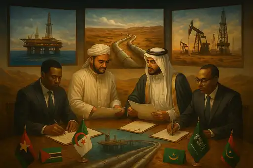 Représentation de dirigeants arabes et africains signant des accords économiques autour d’un pipeline et de plateformes pétrolières.