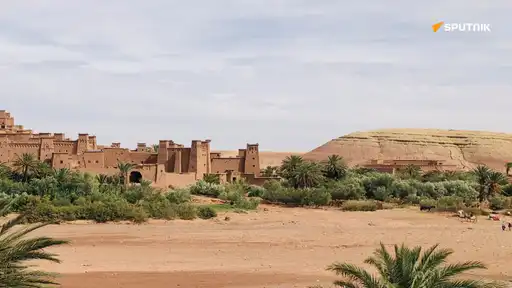 Paysage désertique du Sahara occidental avec une forteresse traditionnelle et des palmiers.