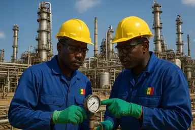 Ingénieurs sénégalais inspectant un manomètre sur un site pétrolier, symbole du développement énergétique du pays.