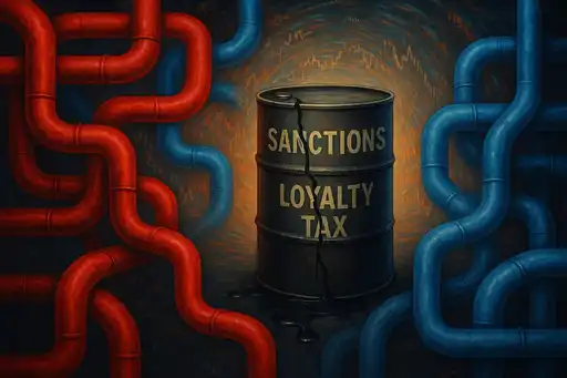 Baril noir marqué “Sanctions Loyalty Tax” relié à des tuyaux rouges et bleus symbolisant la guerre énergétique.